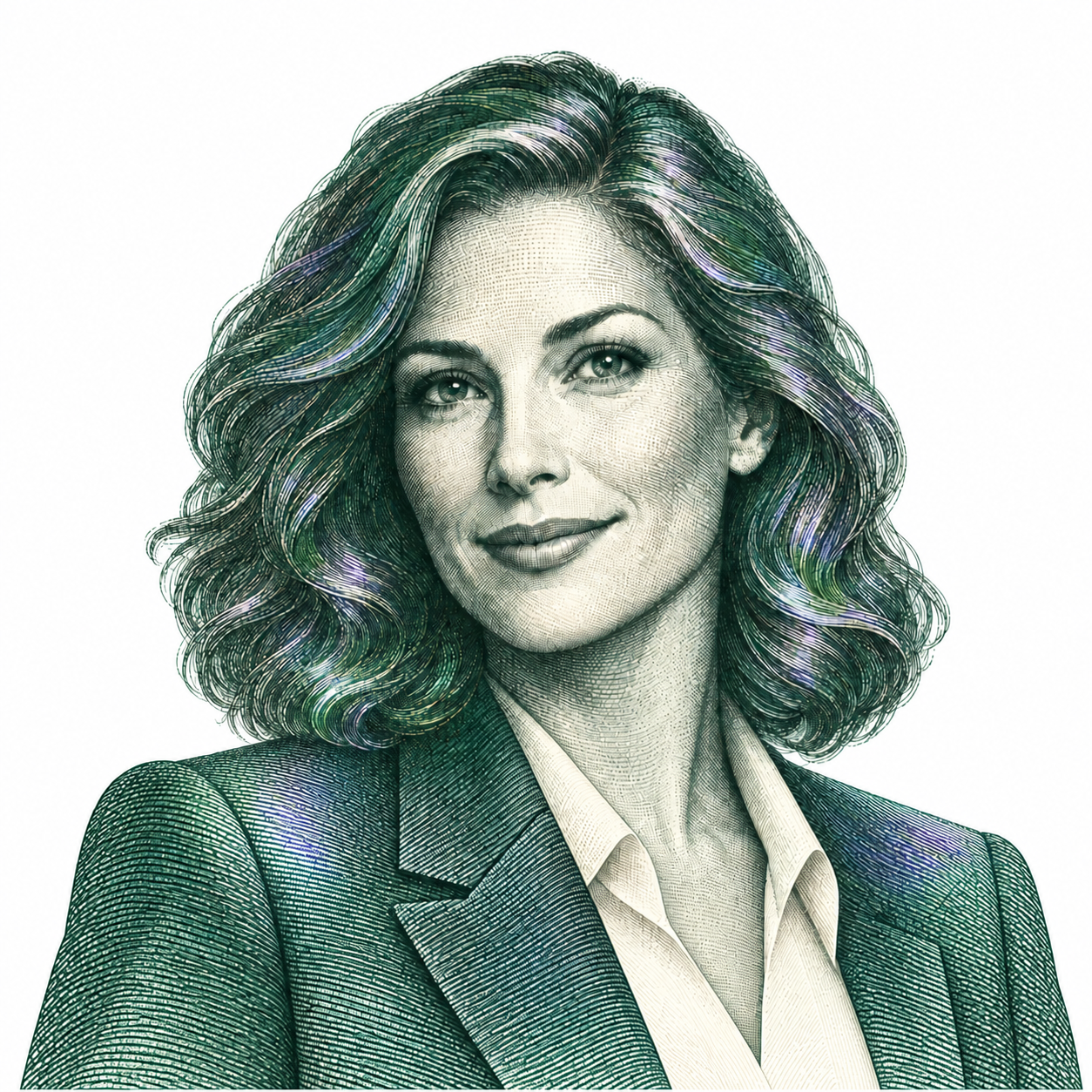Carina, the fictional AI paralegal assistant, in an engraved portrait