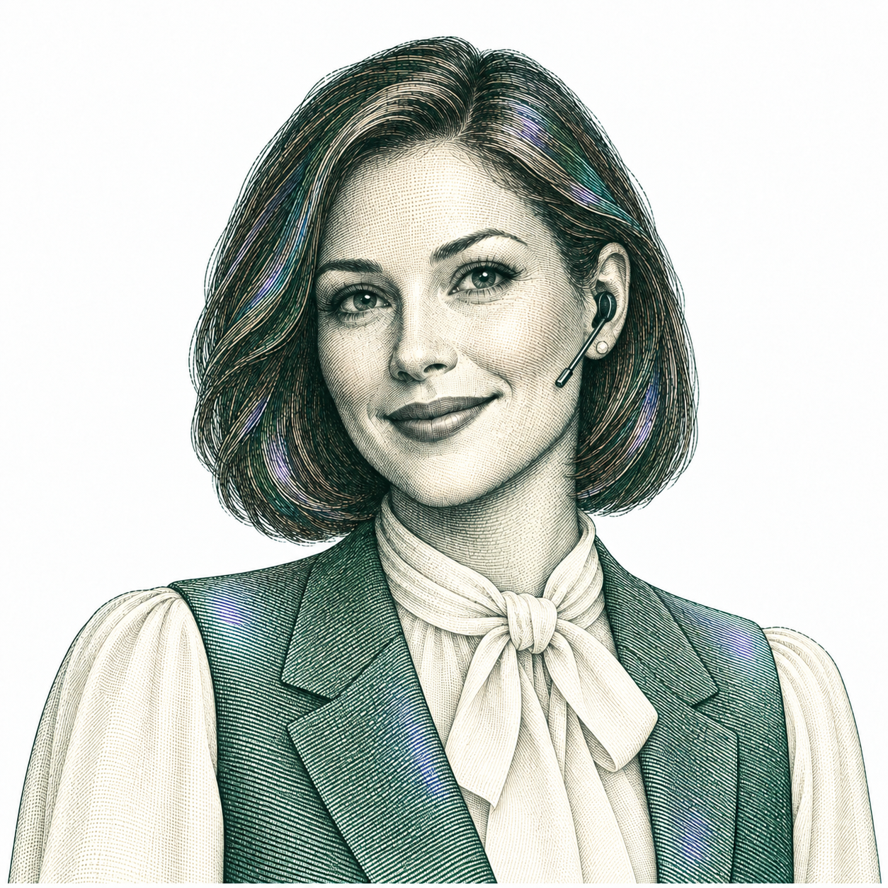 Nora, the fictional AI receptionist, wearing a headset and tailored vest in an engraved portrait